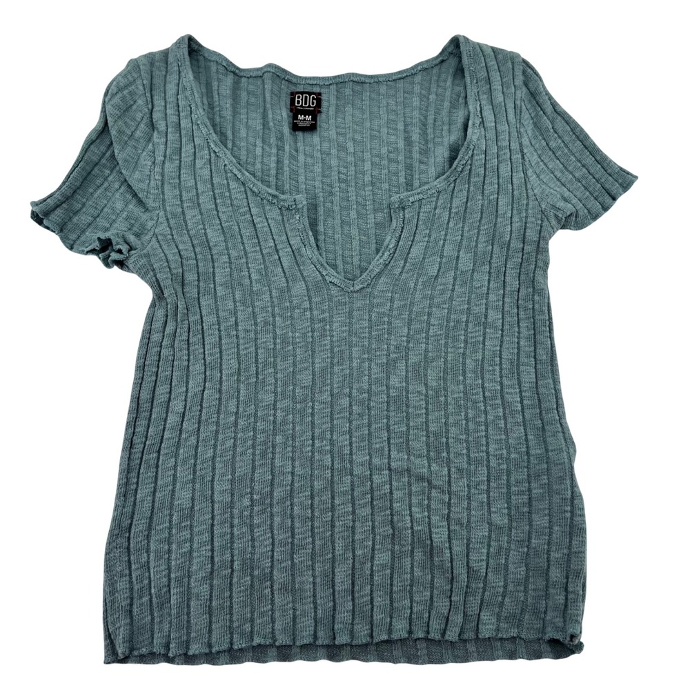 BDG Urban Outfitters Womens Ribbed Notch Neck Tee Short Sleeve Blue Green Size M
